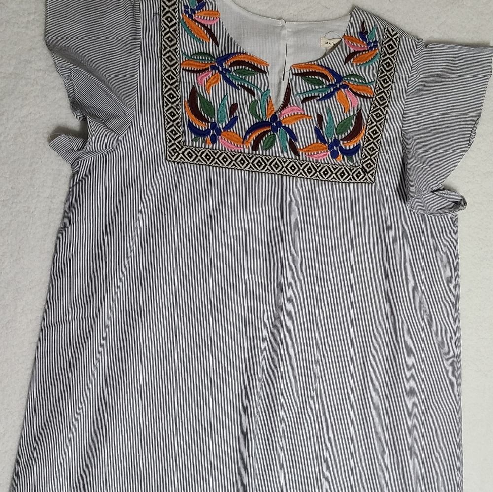 NWT Main Strip Women's Striped Embroidered Short Sleeve Mini Dress sz L